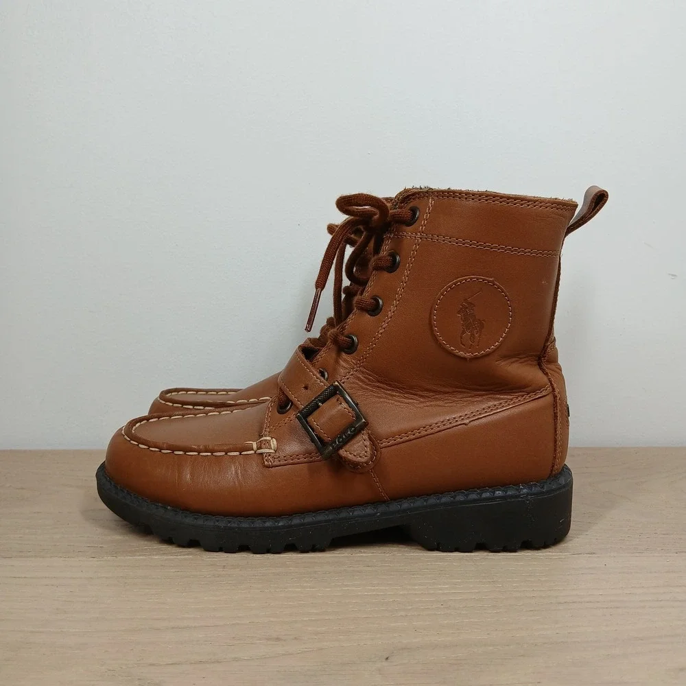 Polo Ralph Lauren Boots Kids 3 Brown Leather Moc Toe Buckle Preppy Equestrian